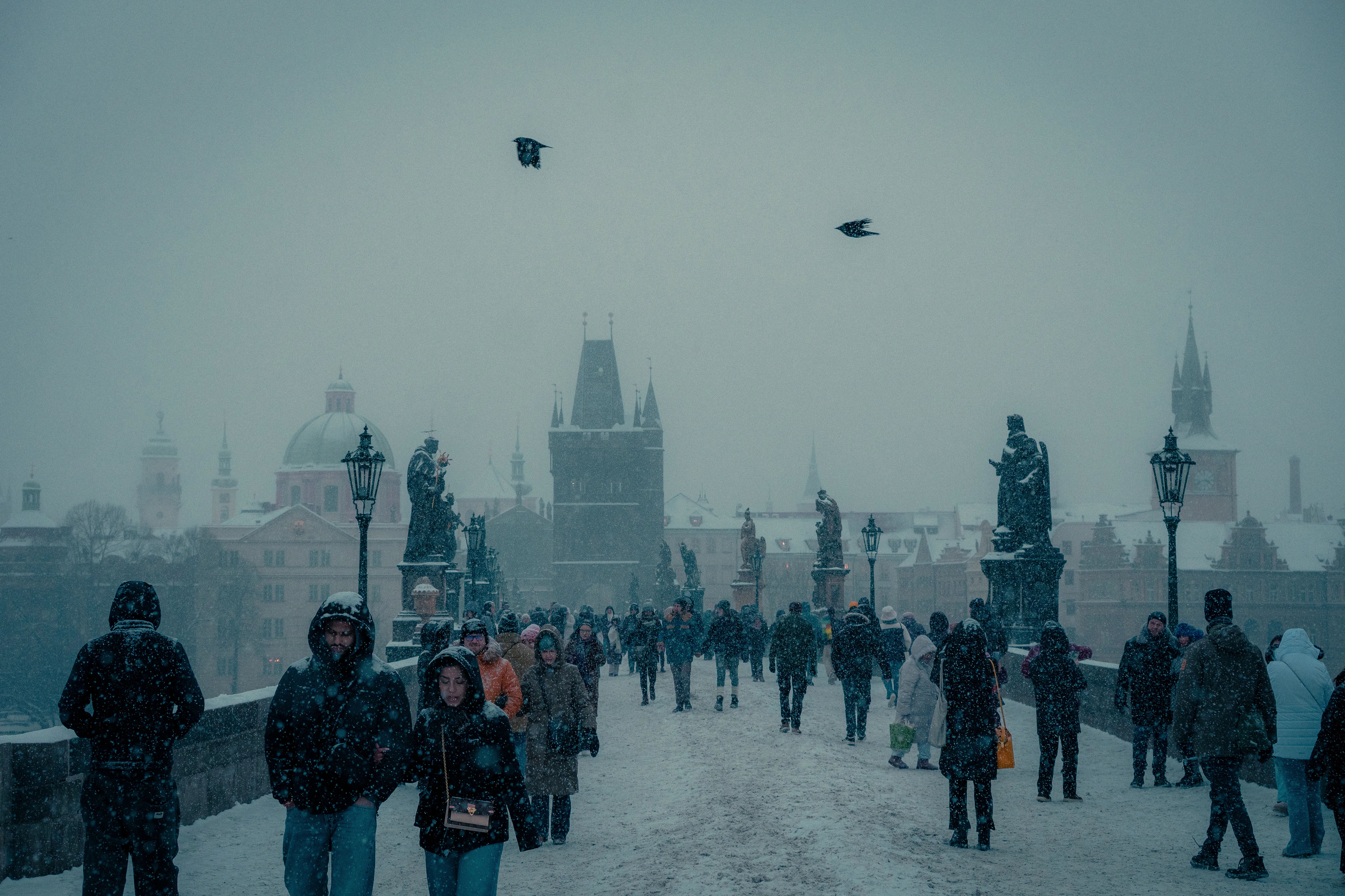 Charles Bridge in snow, Prague
